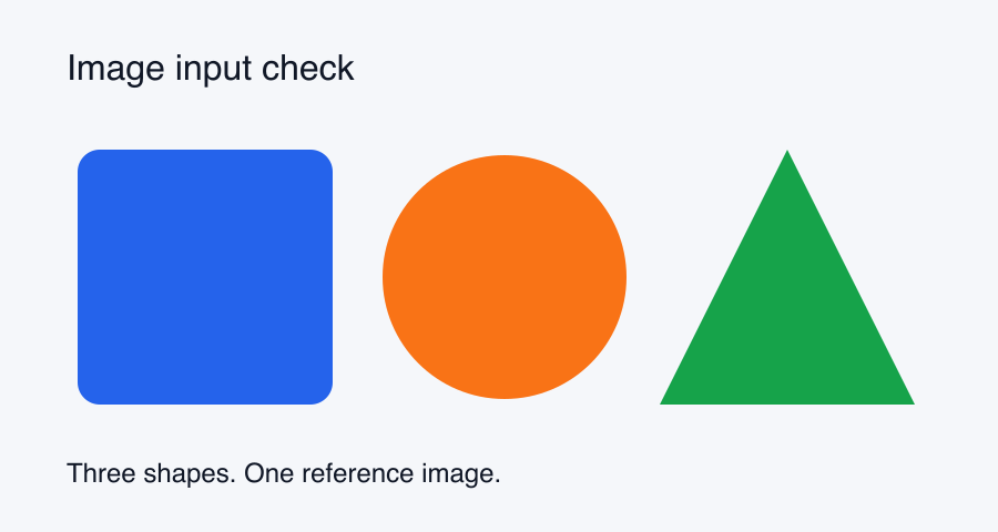 Test image headed Image input check, with a blue rounded square, an orange circle, and a green triangle.